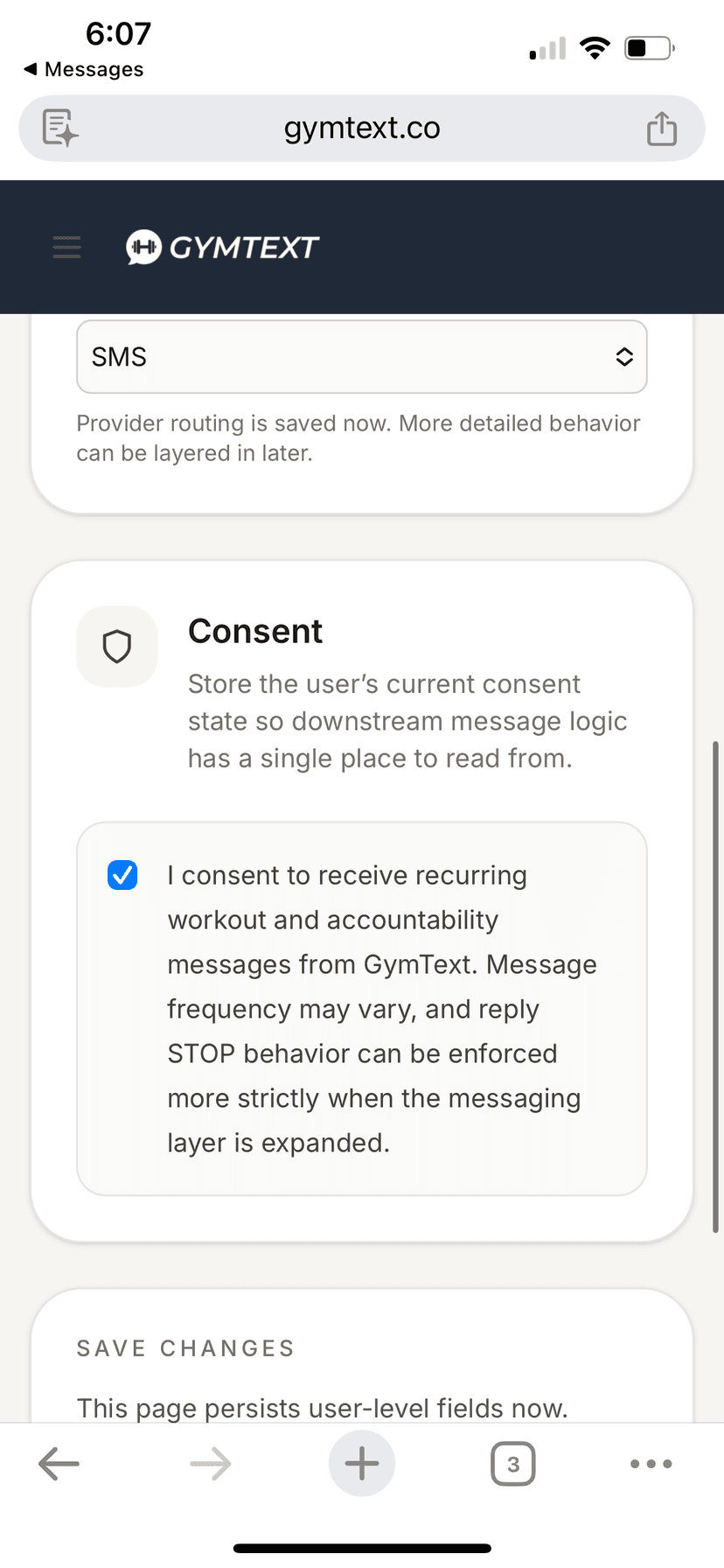 Account Settings page showing the consent checkbox checked, opting in to receive SMS messages