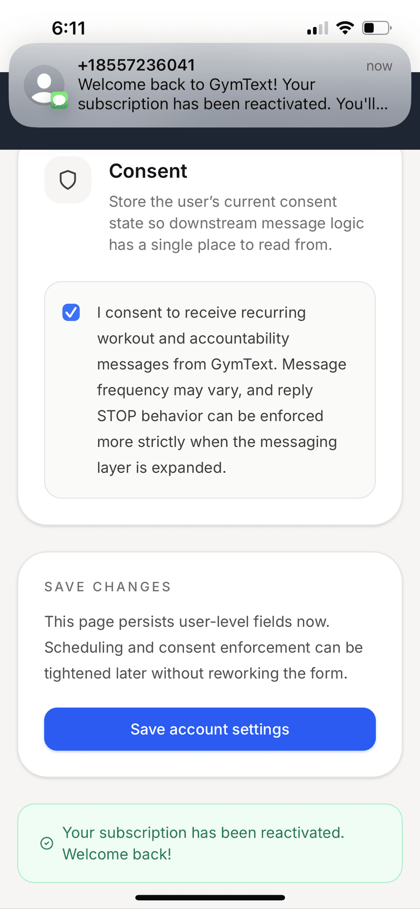 Account Settings page showing resubscription confirmation with SMS notification