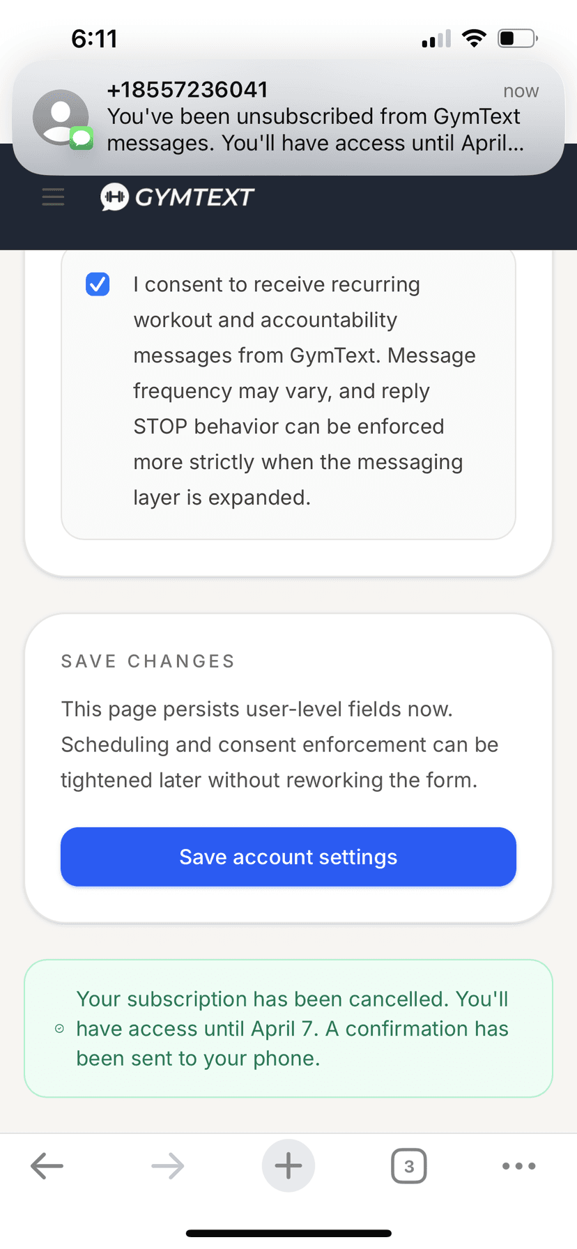 Account Settings page after clicking Unsubscribe, showing cancellation confirmation with SMS notification