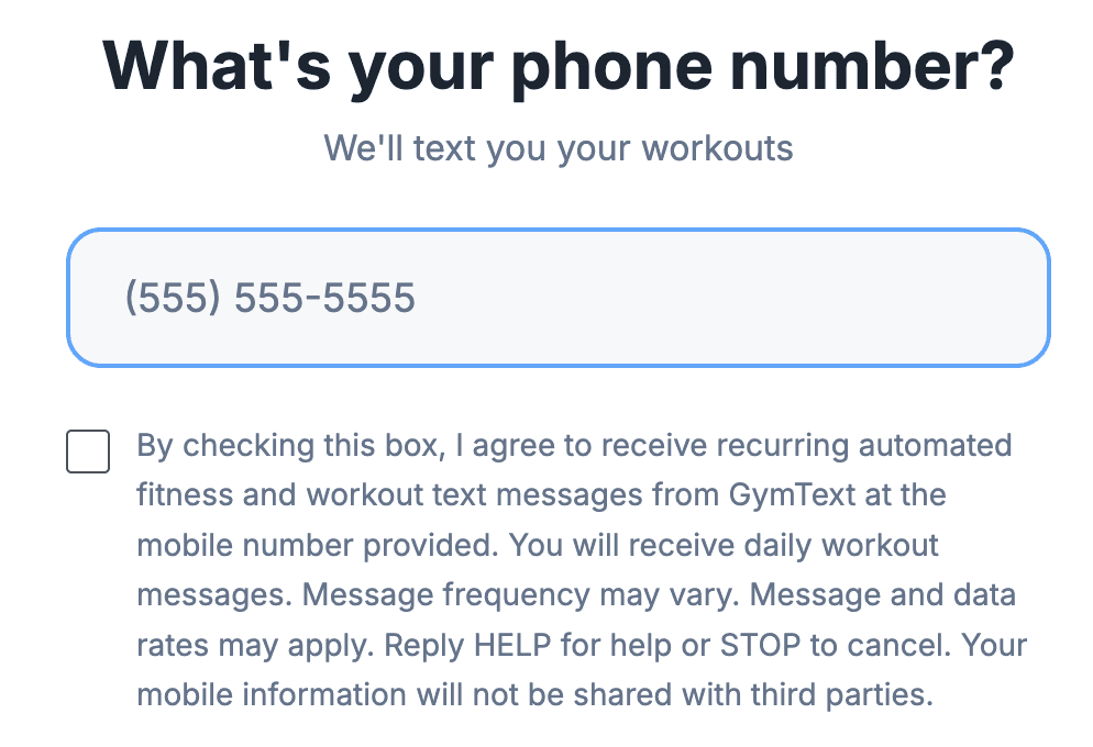 Close-up of the SMS consent checkbox language on the GymText sign-up form