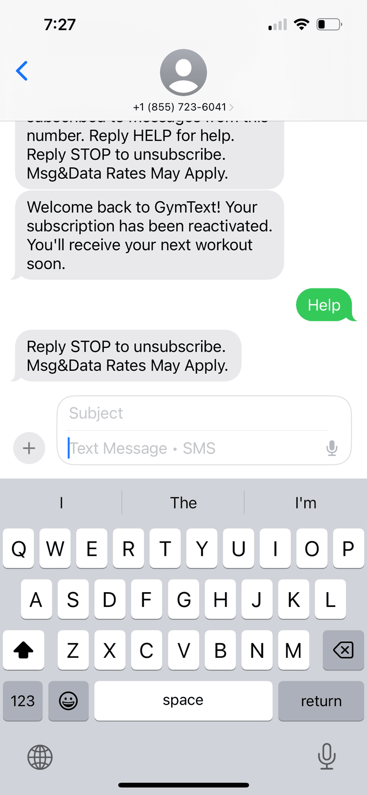 User texting HELP to GymText and receiving support information