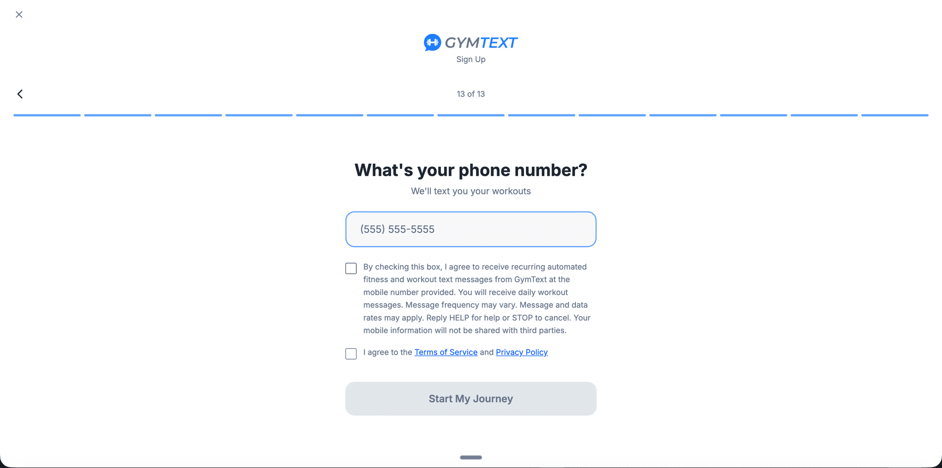 GymText sign-up page on desktop showing phone number field, SMS consent checkbox, and Terms/Privacy checkbox