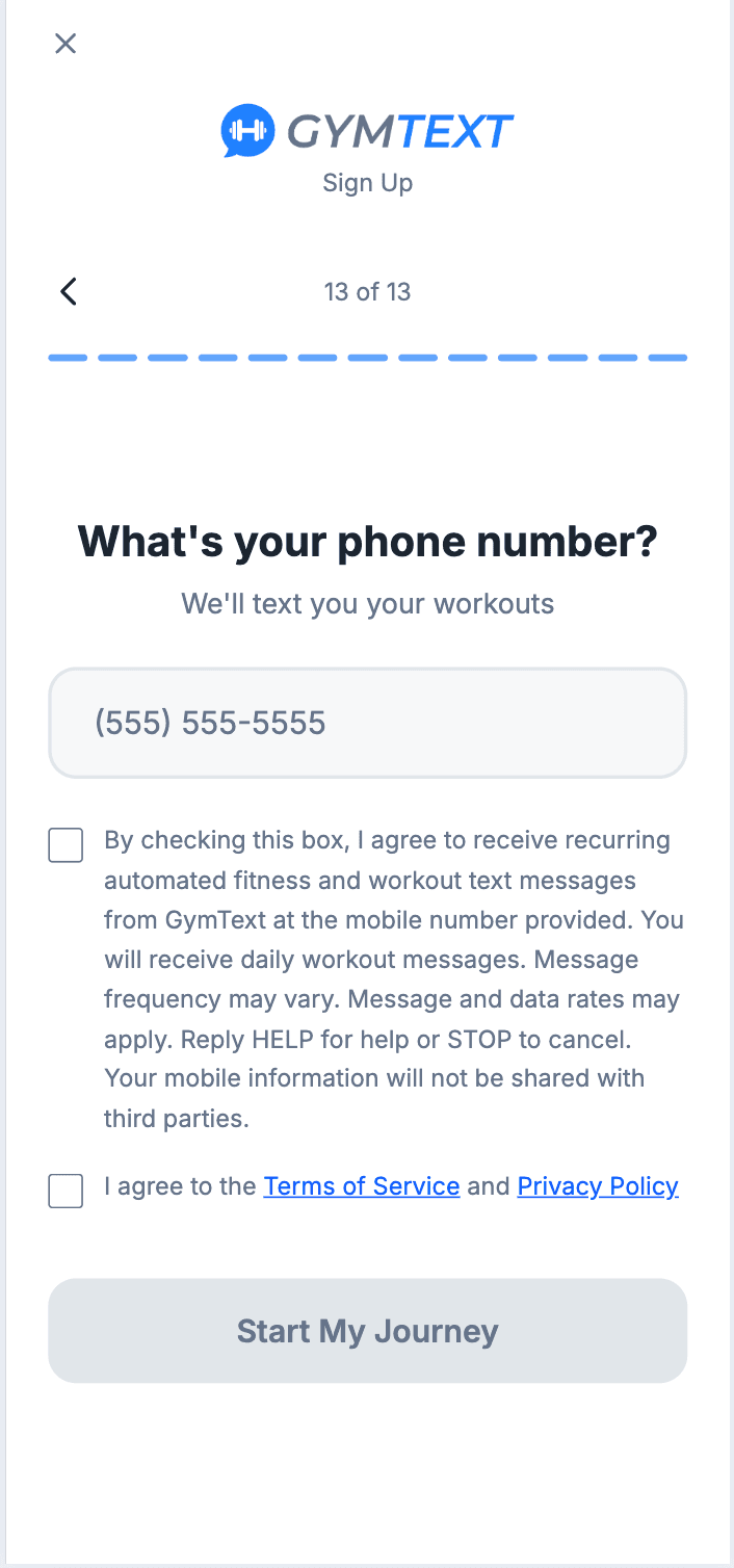 GymText sign-up page on mobile showing phone number field, SMS consent checkbox, and Terms/Privacy checkbox