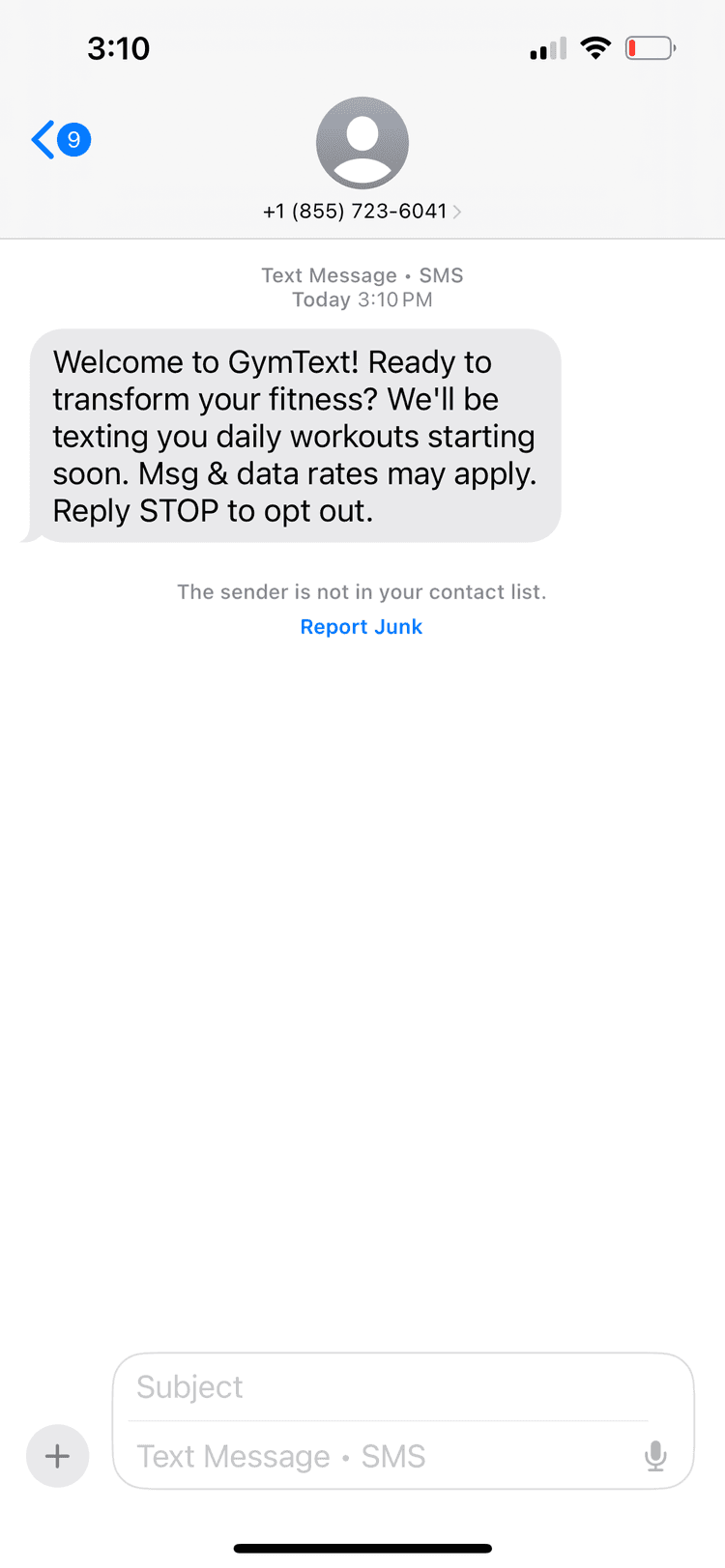 GymText welcome SMS confirming opt-in with opt-out instructions