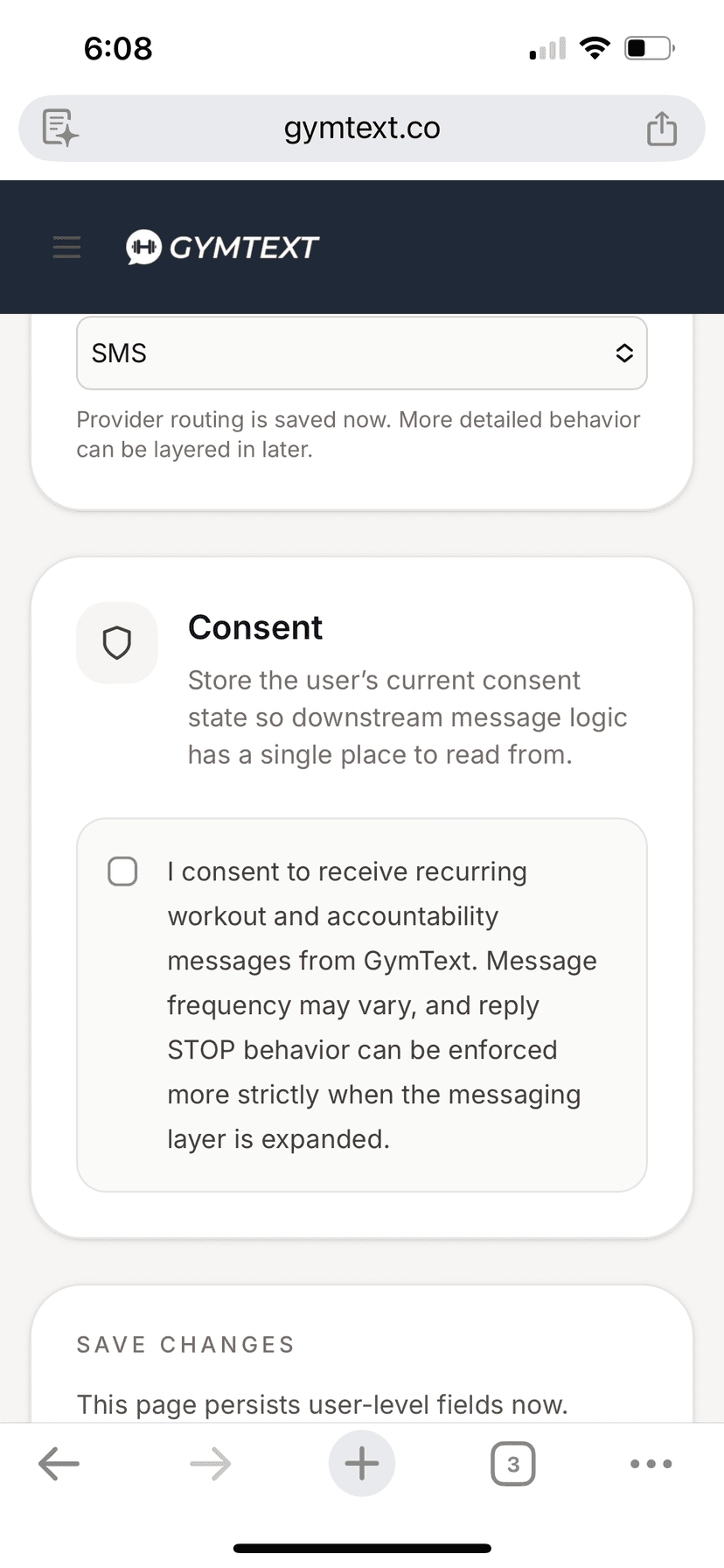GymText profile page showing the consent checkbox unchecked, opting out of SMS messages